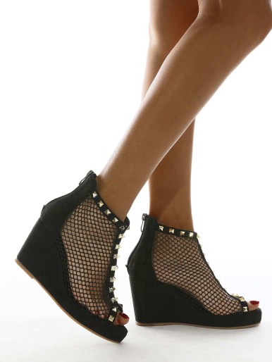 Spiked Decor Mesh Panel Wedge Heeled Boots