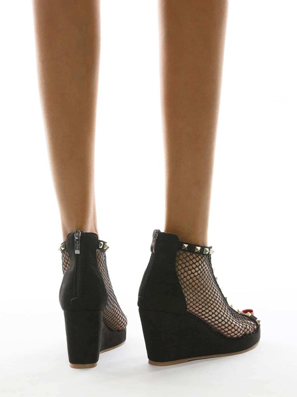 Spiked Decor Mesh Panel Wedge Heeled Boots