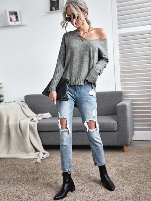 Split High Low Hem Drop Shoulder Sweater