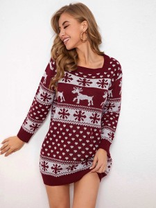 Square Neck Christmas Pattern Sweater Dress