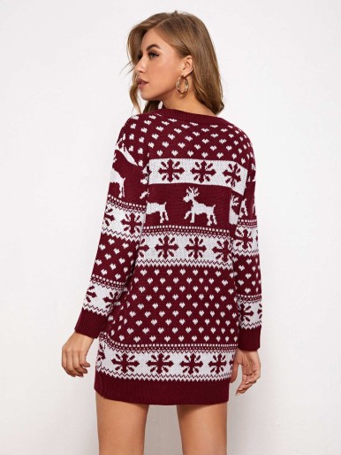 Square Neck Christmas Pattern Sweater Dress