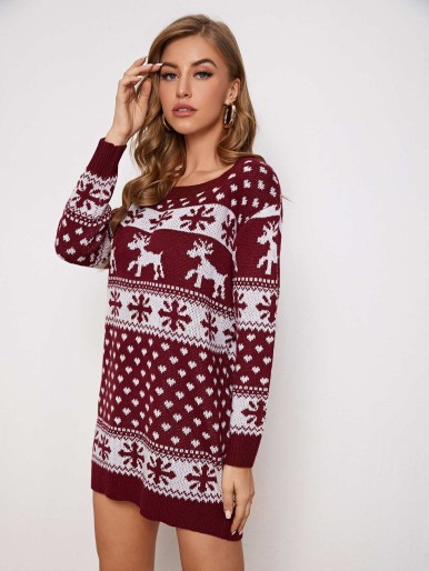 Square Neck Christmas Pattern Sweater Dress