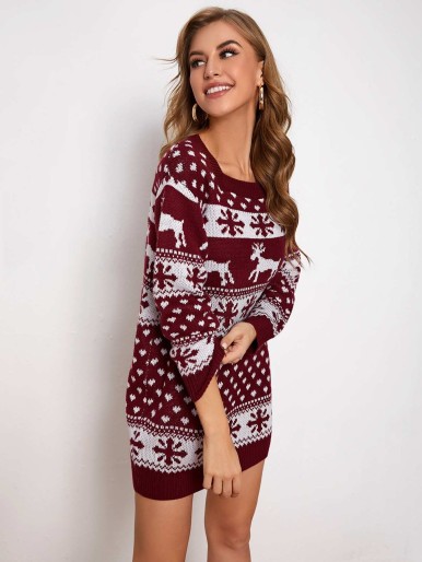 Square Neck Christmas Pattern Sweater Dress