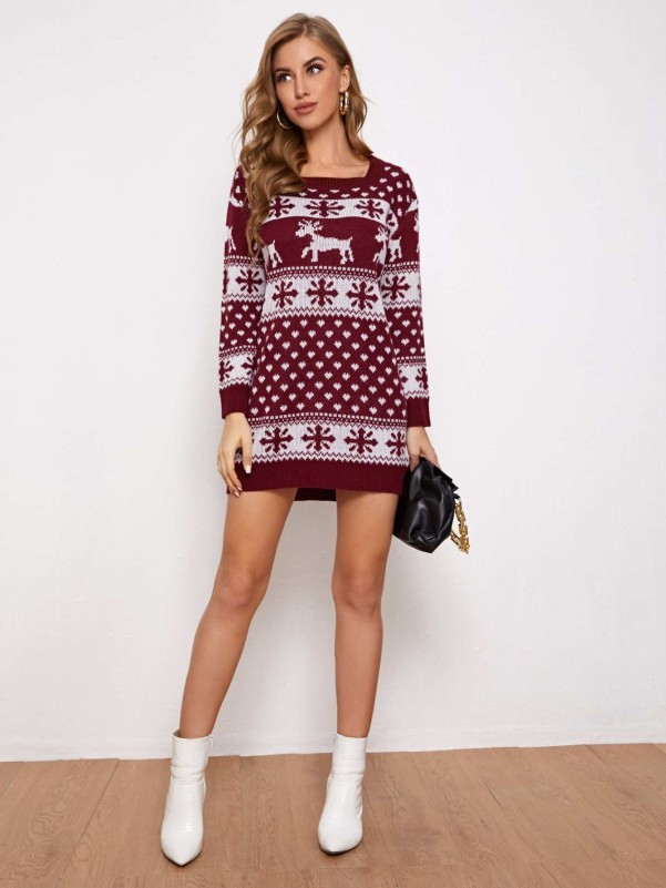 Square Neck Christmas Pattern Sweater Dress