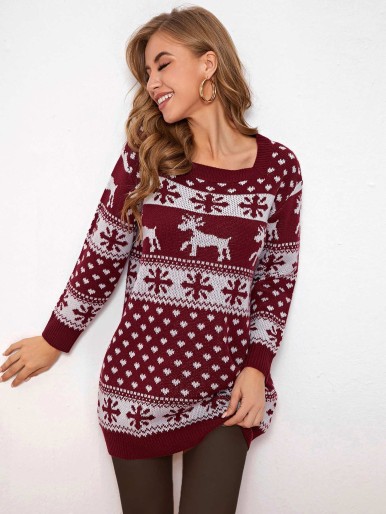 Square Neck Christmas Pattern Sweater Dress