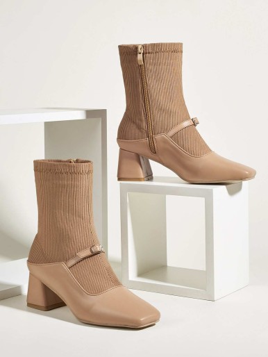 Square Toe Buckle Detail Mid Calf Boots