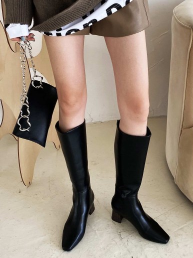 Square Toe Chunky Heeled Knee Boots