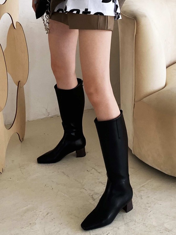 Square Toe Chunky Heeled Knee Boots