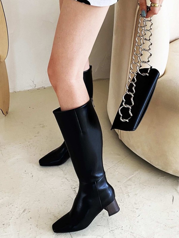 Square Toe Chunky Heeled Knee Boots