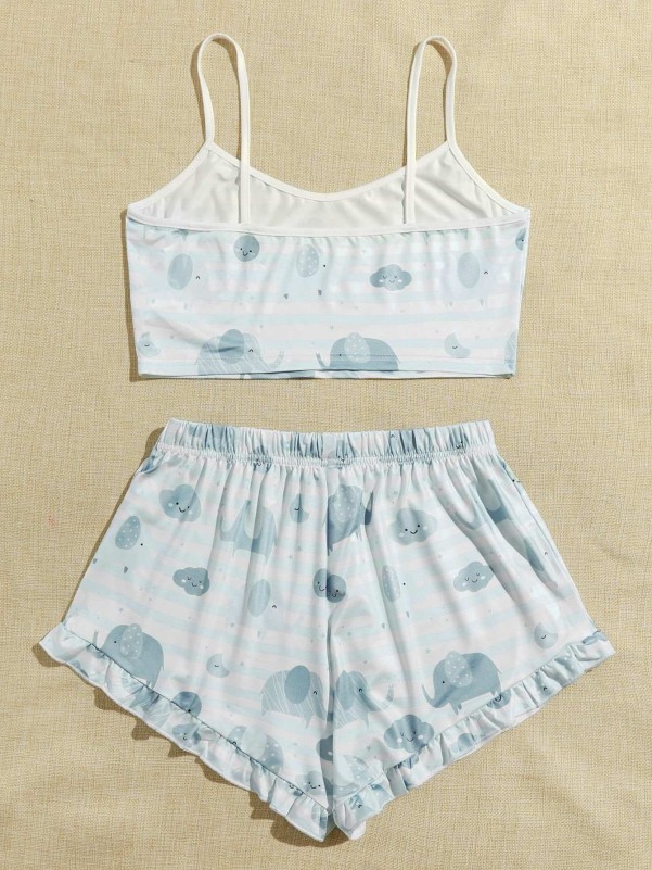 Striped & Cartoon Graphic Cami Top With Knot Shorts PJ Set