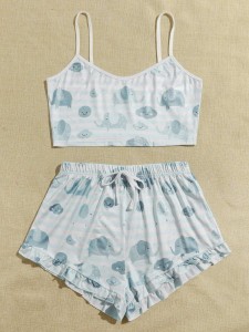 Striped & Cartoon Graphic Cami Top With Knot Shorts PJ Set