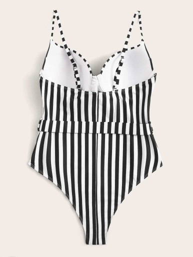 Striped Belted One Piece Swimsuit