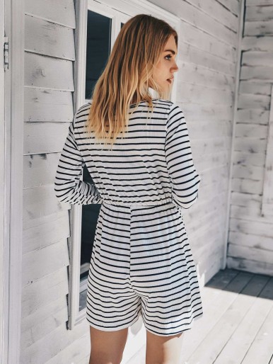 Striped Button Front Drawstring Waist Jumpsuit