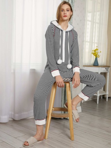 Striped Button Front Hooded Rib-knit Sleep Jumpsuit