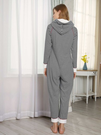 Striped Button Front Hooded Rib-knit Sleep Jumpsuit