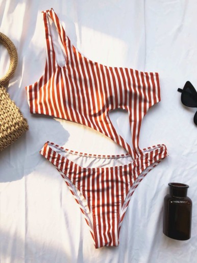 Striped Cutout One-Shoulder Swimsuit