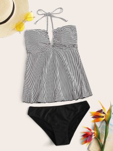 Striped Frill Trim Halter Tankini