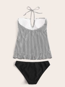 Striped Frill Trim Halter Tankini