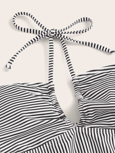 Striped Frill Trim Halter Tankini