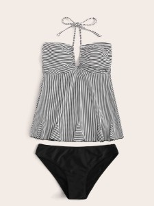 Striped Frill Trim Halter Tankini