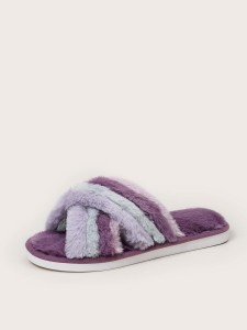 Striped Graphic Cross Strap Fluffy Slippers