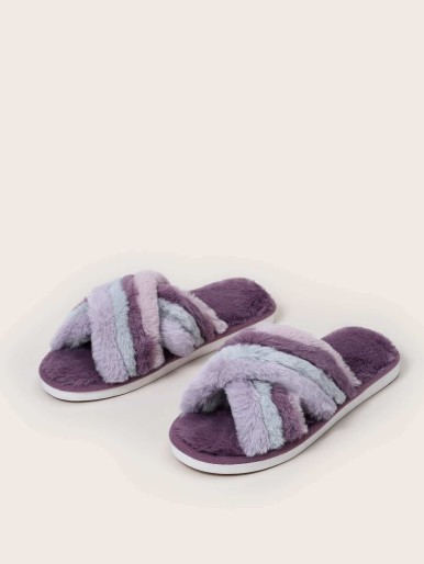 Striped Graphic Cross Strap Fluffy Slippers