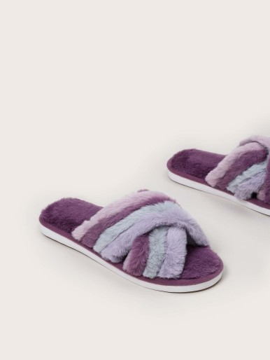 Striped Graphic Cross Strap Fluffy Slippers