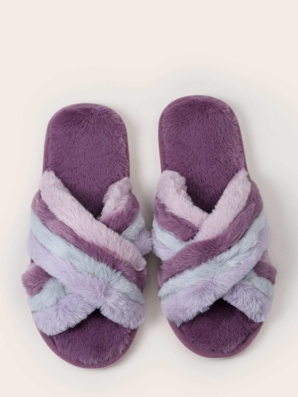 Striped Graphic Cross Strap Fluffy Slippers