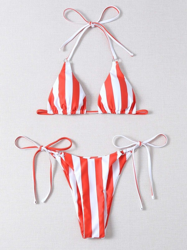 Striped Halter Thong Bikini Swimsuit