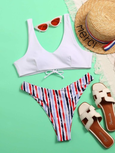 Striped High Cut Bikini Swimsuit