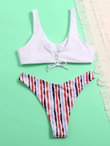 Striped High Cut Bikini Swimsuit