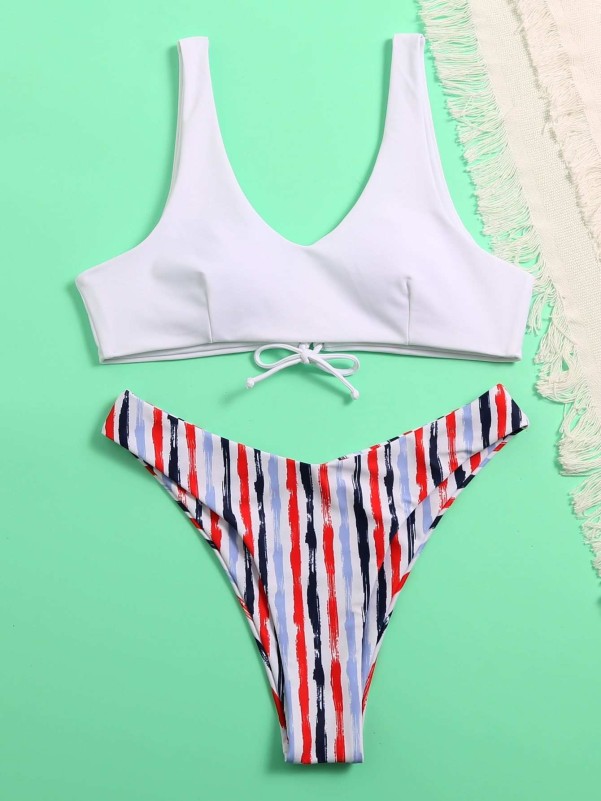 Striped High Cut Bikini Swimsuit