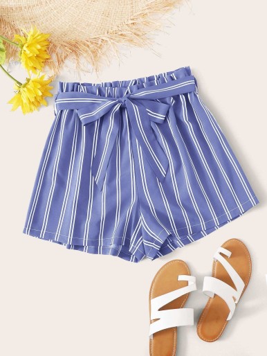 Striped Paperbag Waist Belted Shorts