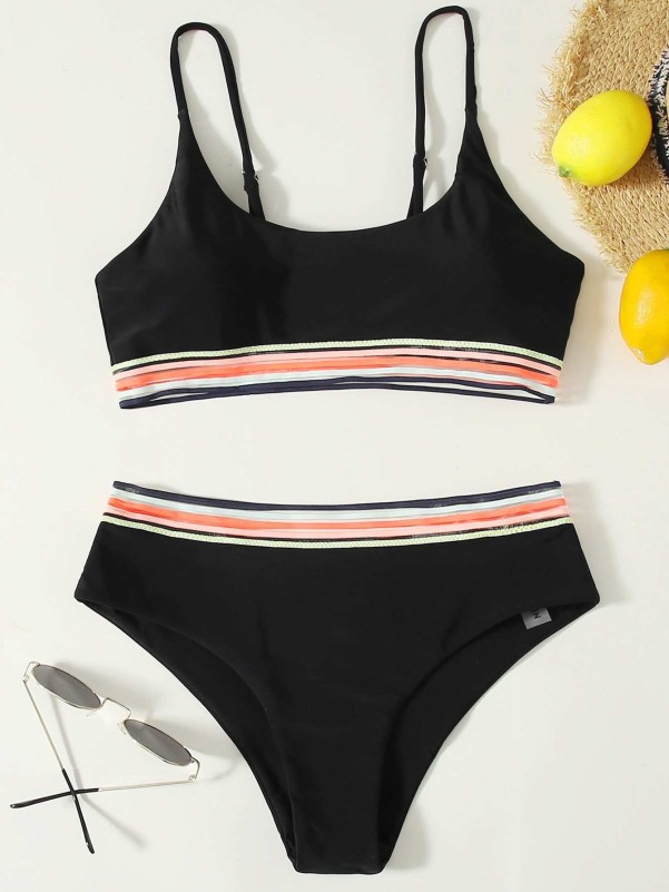 Striped Trim Bikini Swimsuit