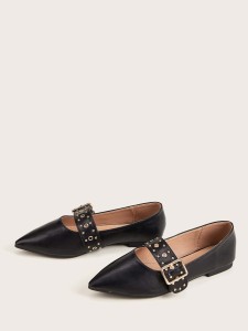 Studded & Eyelet Buckle Decor Flats