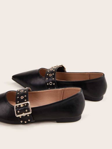 Studded & Eyelet Buckle Decor Flats