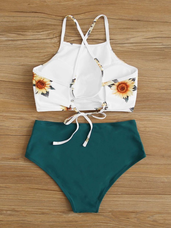Sunflower Criss-cross Ruched High Waist Bikini Swimsuit