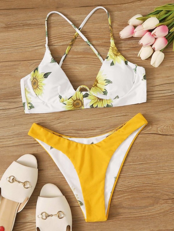 Sunflower Print Underwire High Cut Bikini Swimsuit