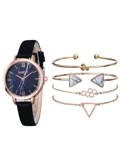 PU Strap Marble Pattern Dial Watch & 4pcs Bracelet