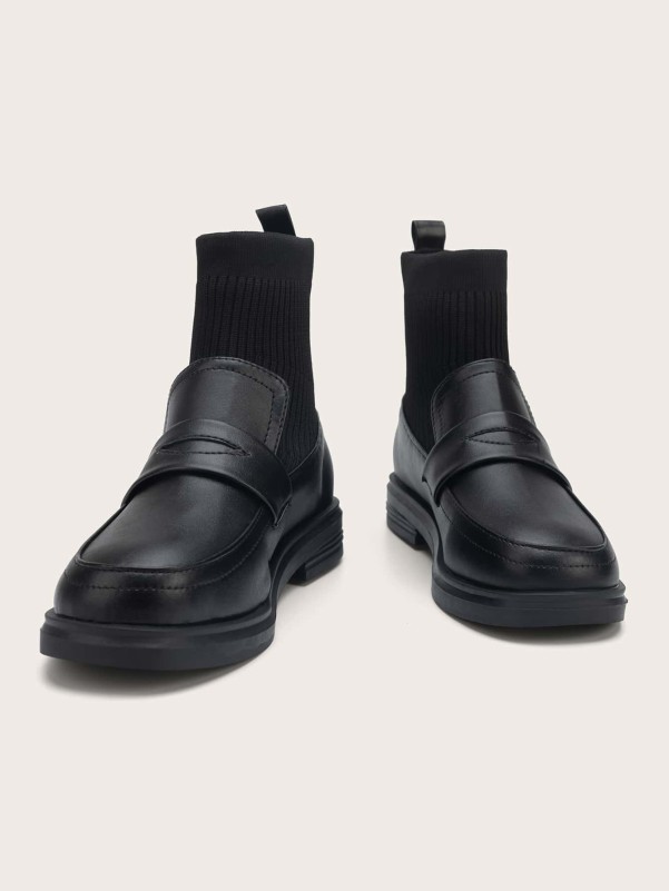 Round Toe Contrast PU Sock Boots