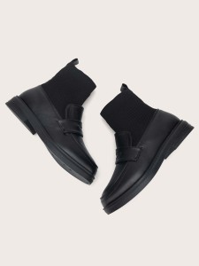 Round Toe Contrast PU Sock Boots