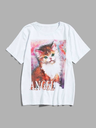 Men Cat And Letter Print Tee