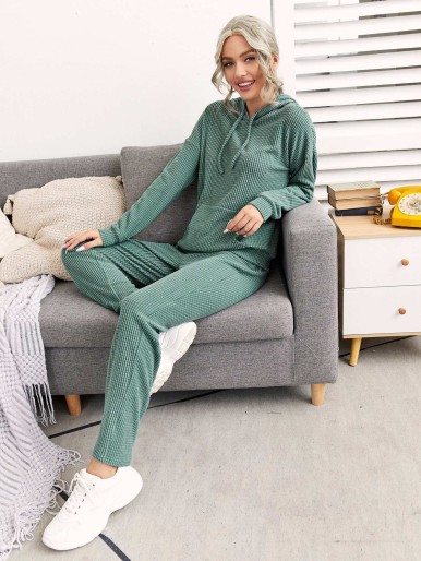 Textured Drop Shoulder Top & Drawstring Waist Pants PJ Set