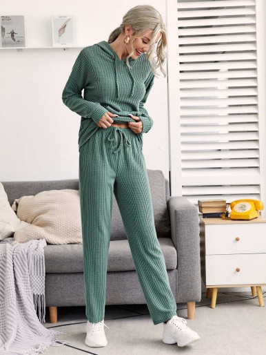 Textured Drop Shoulder Top & Drawstring Waist Pants PJ Set