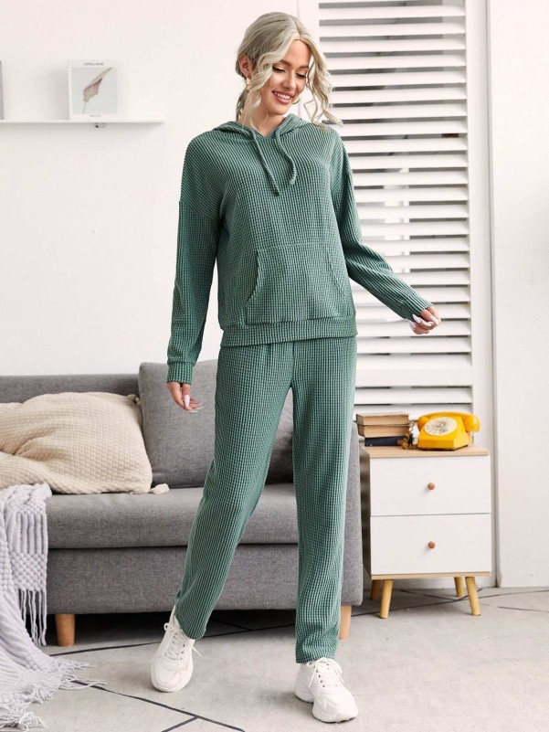 Textured Drop Shoulder Top & Drawstring Waist Pants PJ Set