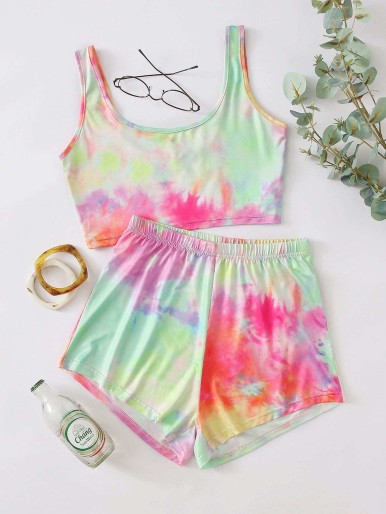 Tie Dye Print Crop Tank With Shorts PJ Set