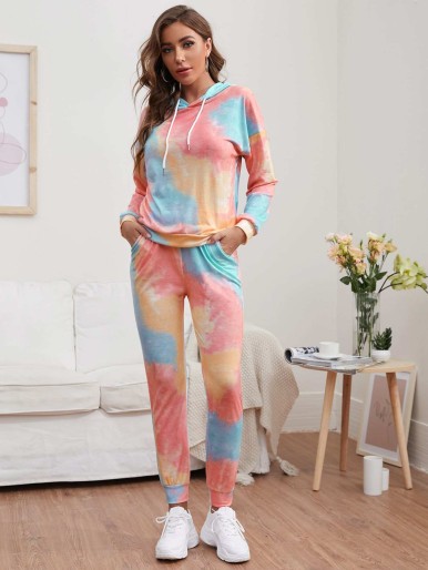 Tie Dye Print Hooded Top & Pants PJ Set