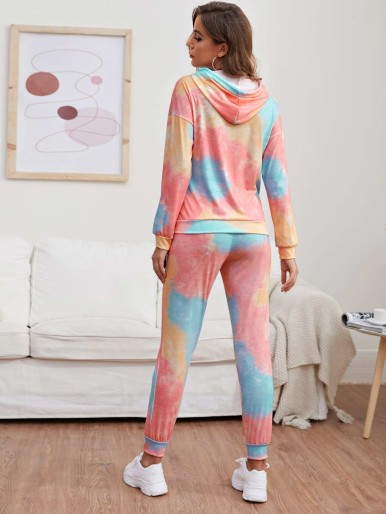 Tie Dye Print Hooded Top & Pants PJ Set