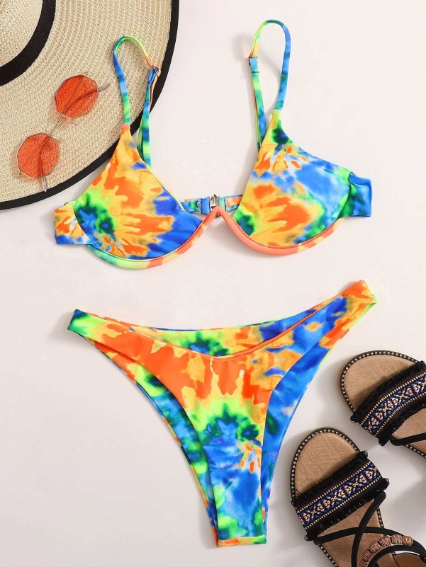 Tie Dye Underwire High Leg Bikini Swimsuit