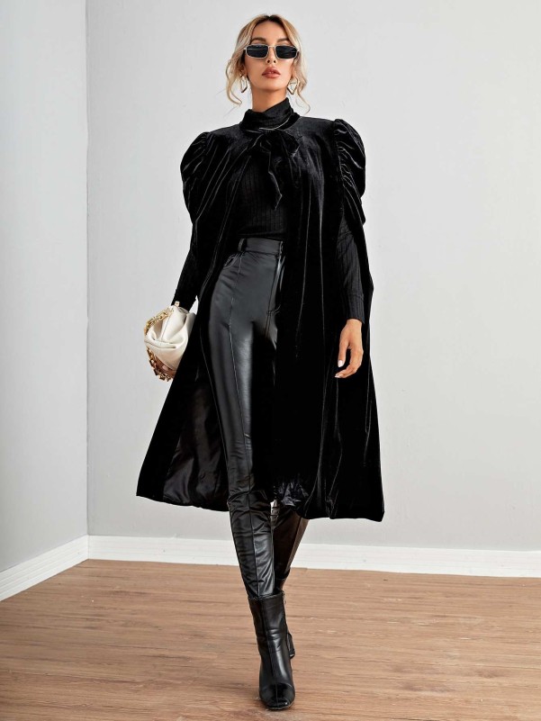 Tie Front Puff Sleeve Velvet Cape Coat